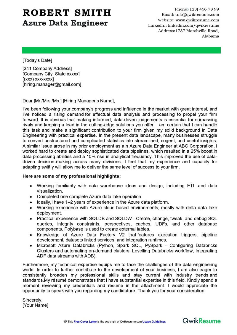 Azure Data Engineer Cover Letter Examples QwikResume
