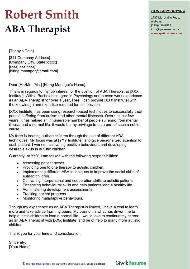 ABA Therapist Cover Letter Example