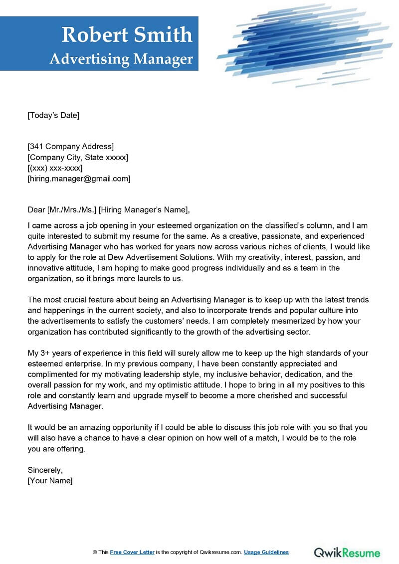 Advertising Manager Cover Letter Examples QwikResume