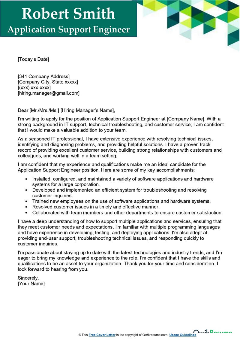 Application Support Engineer Cover Letter Examples QwikResume