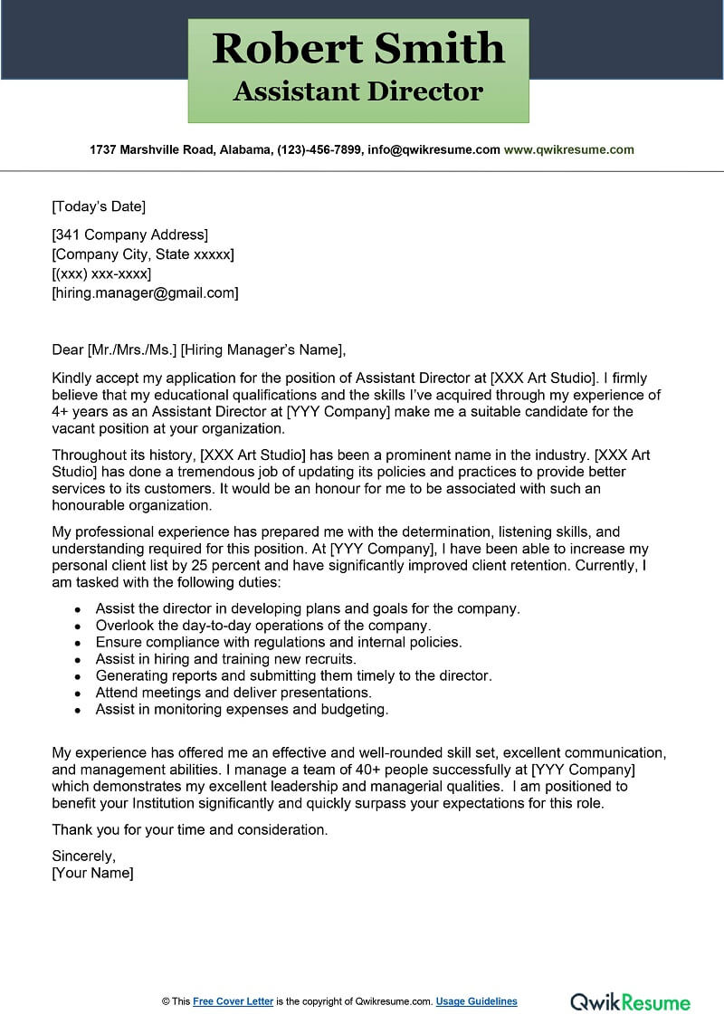 Assistant Director Cover Letter Examples QwikResume