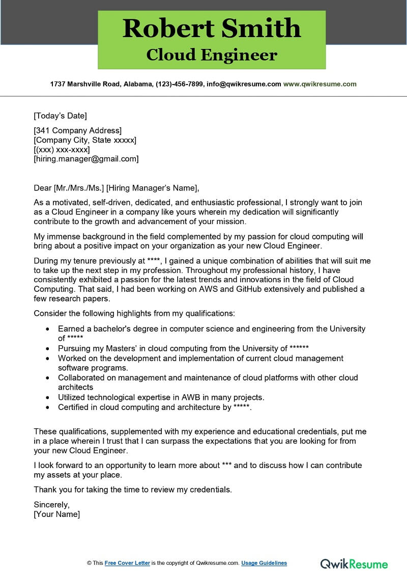 Cloud Engineer Cover Letter Examples QwikResume
