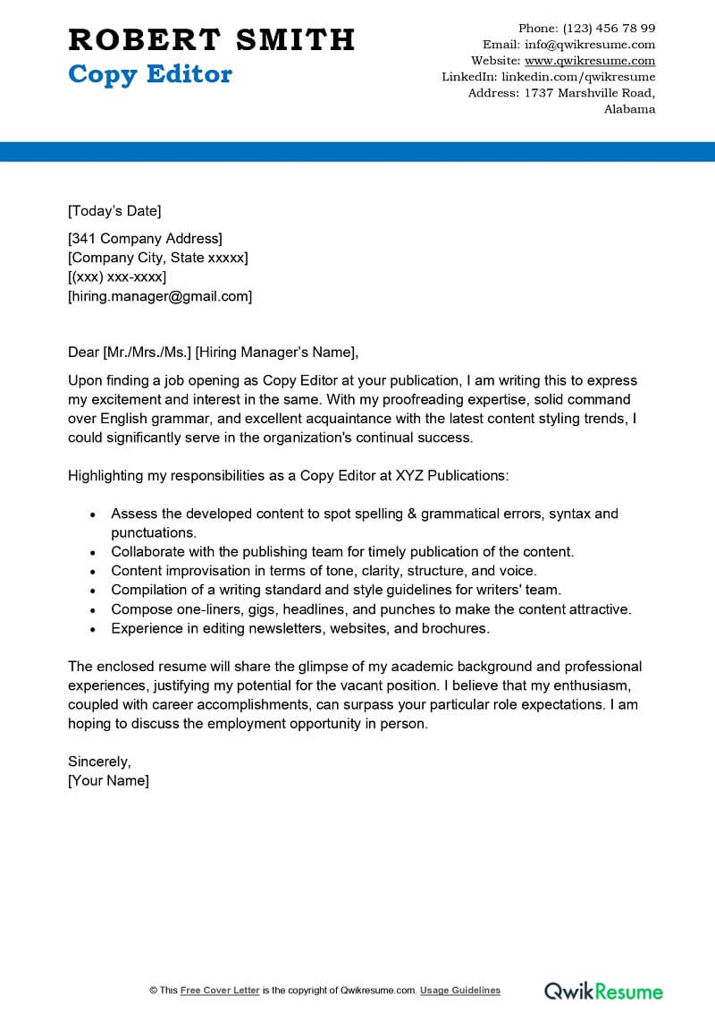 Copy Editor Cover Letter Examples QwikResume