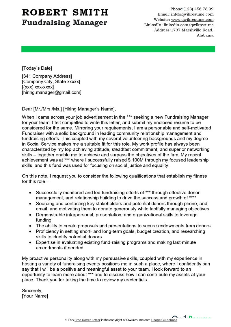 Fundraising Manager Cover Letter Examples QwikResume