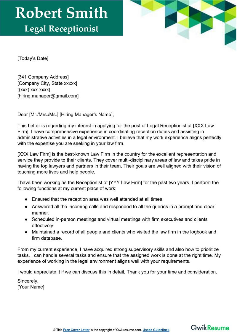 Legal Receptionist Cover Letter Examples QwikResume Legal Receptionist Cover Letter Examples QwikResume