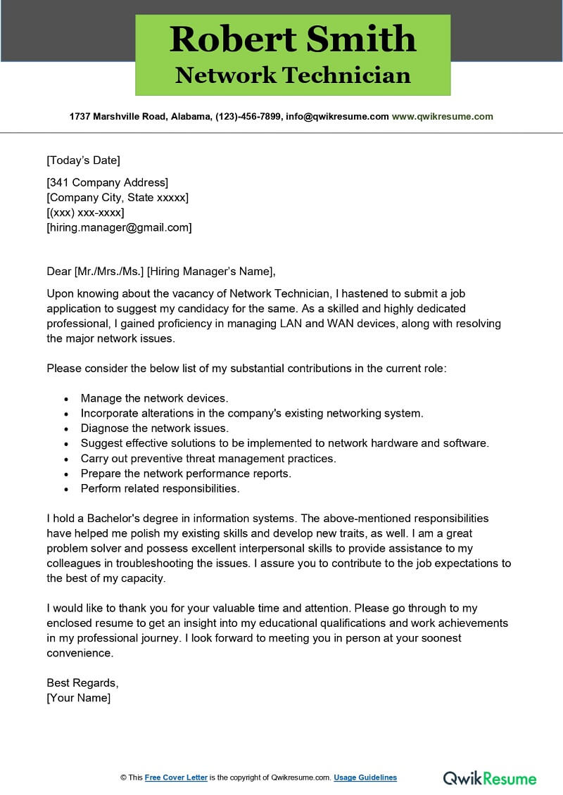 Network Technician Cover Letter Examples QwikResume