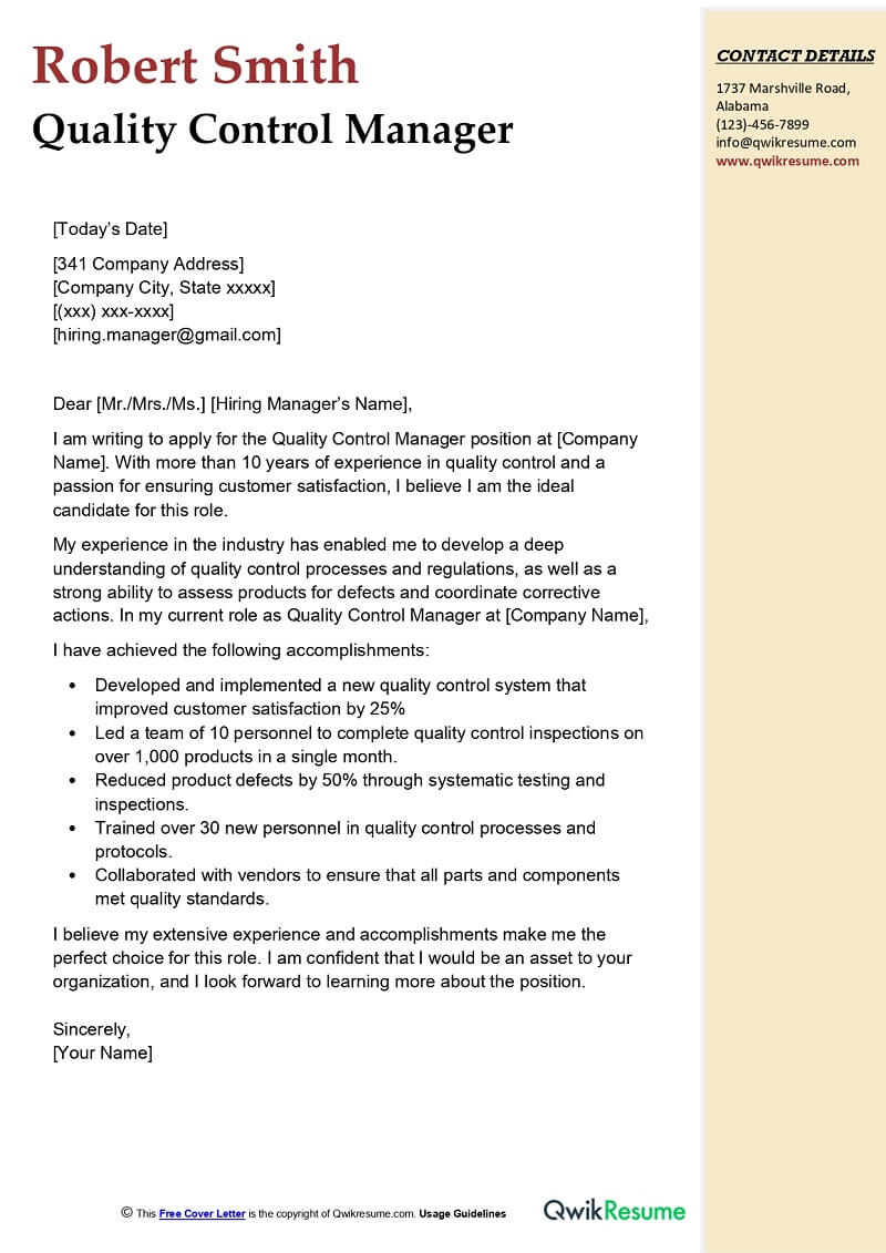 Quality Control Manager Cover Letter Examples QwikResume