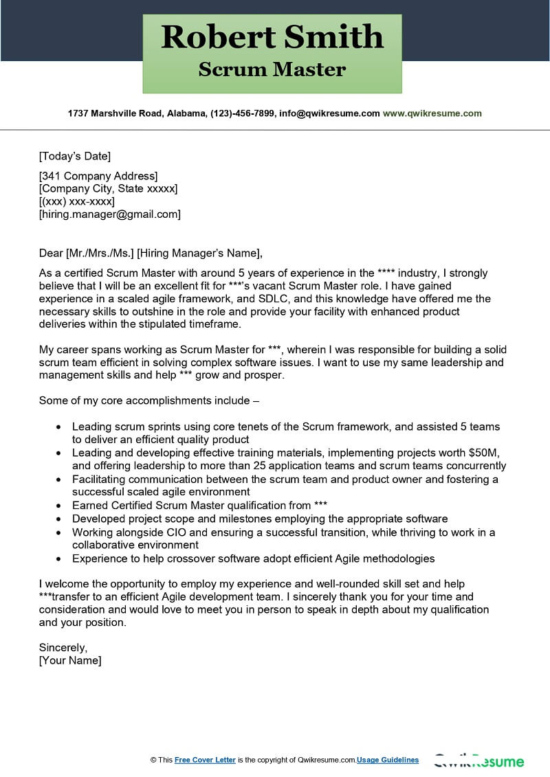 Scrum Master Cover Letter Examples QwikResume