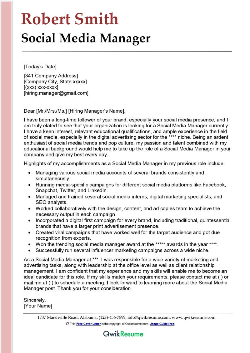 Social Media Manager Cover Letter Examples