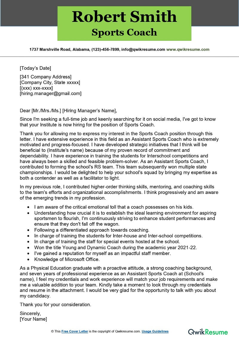 Sports Coach Cover Letter Examples QwikResume