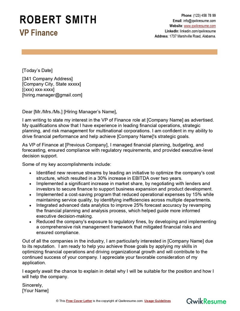 VP Finance Cover Letter Examples QwikResume VP Finance Cover Letter Examples QwikResume