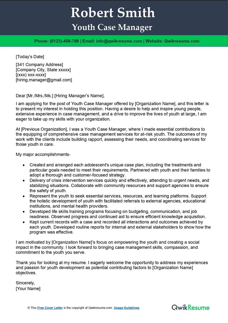 Youth Case Manager Cover Letter Examples QwikResume