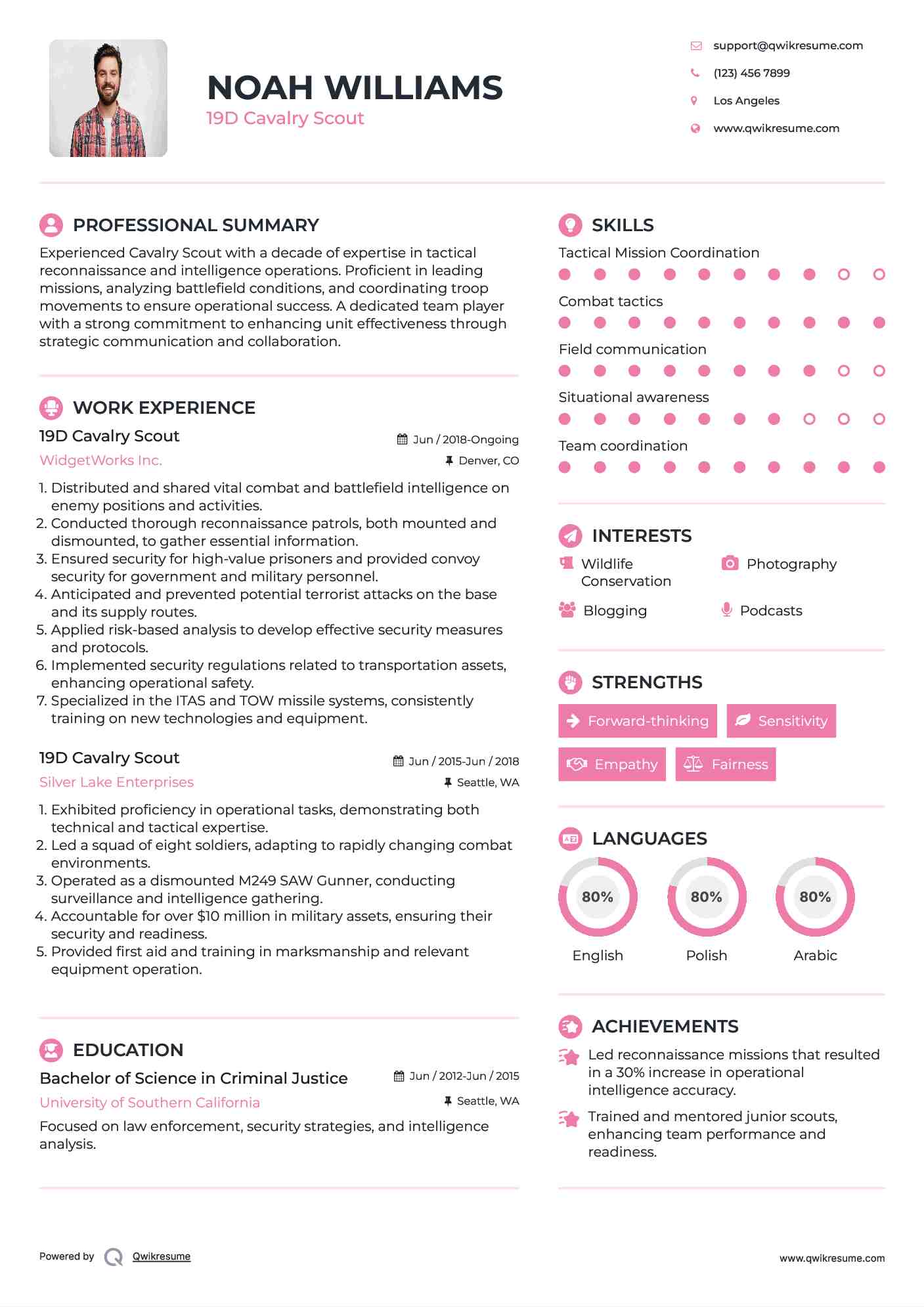19D Cavalry Scout Resume Example