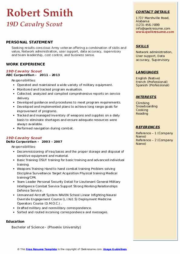 19D Cavalry Scout Resume Samples QwikResume