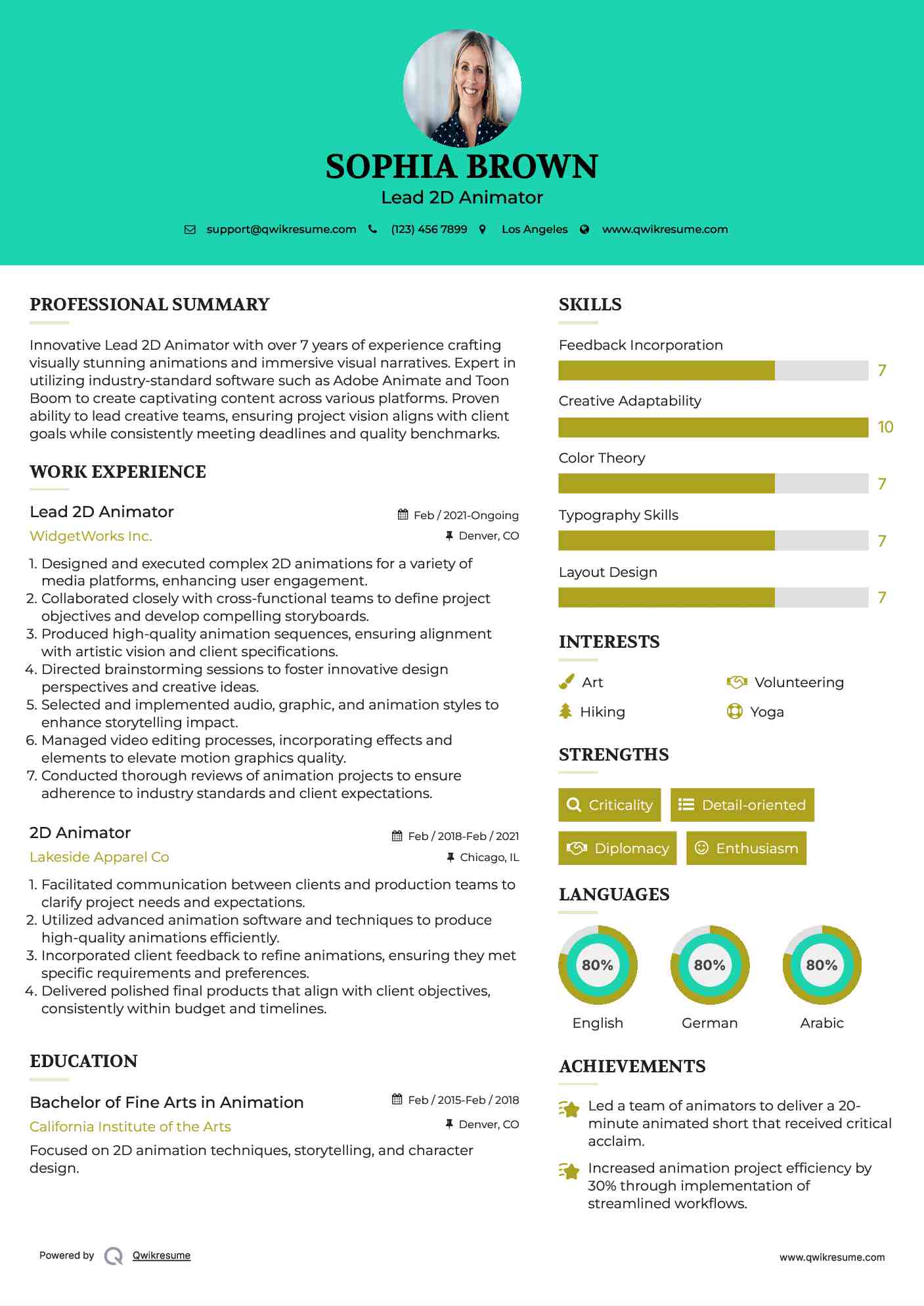 Lead 2D Animator Resume Model