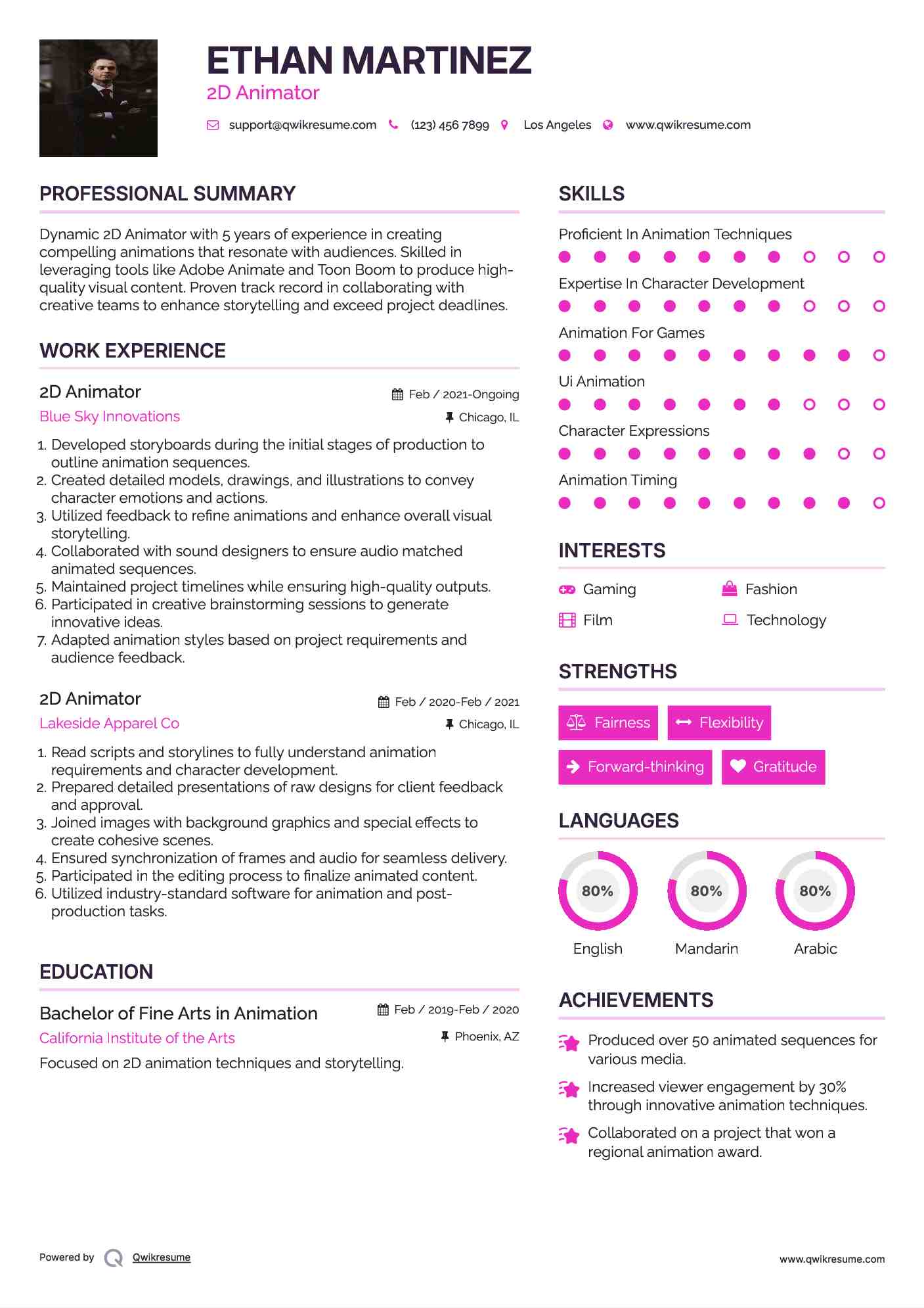 2D Animator Resume Example