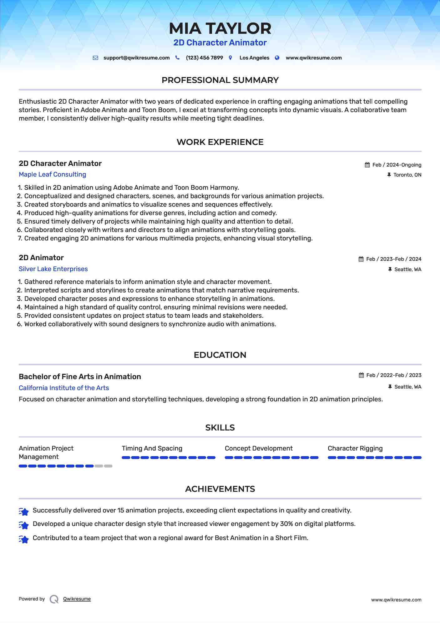 2D Character Animator Resume Example