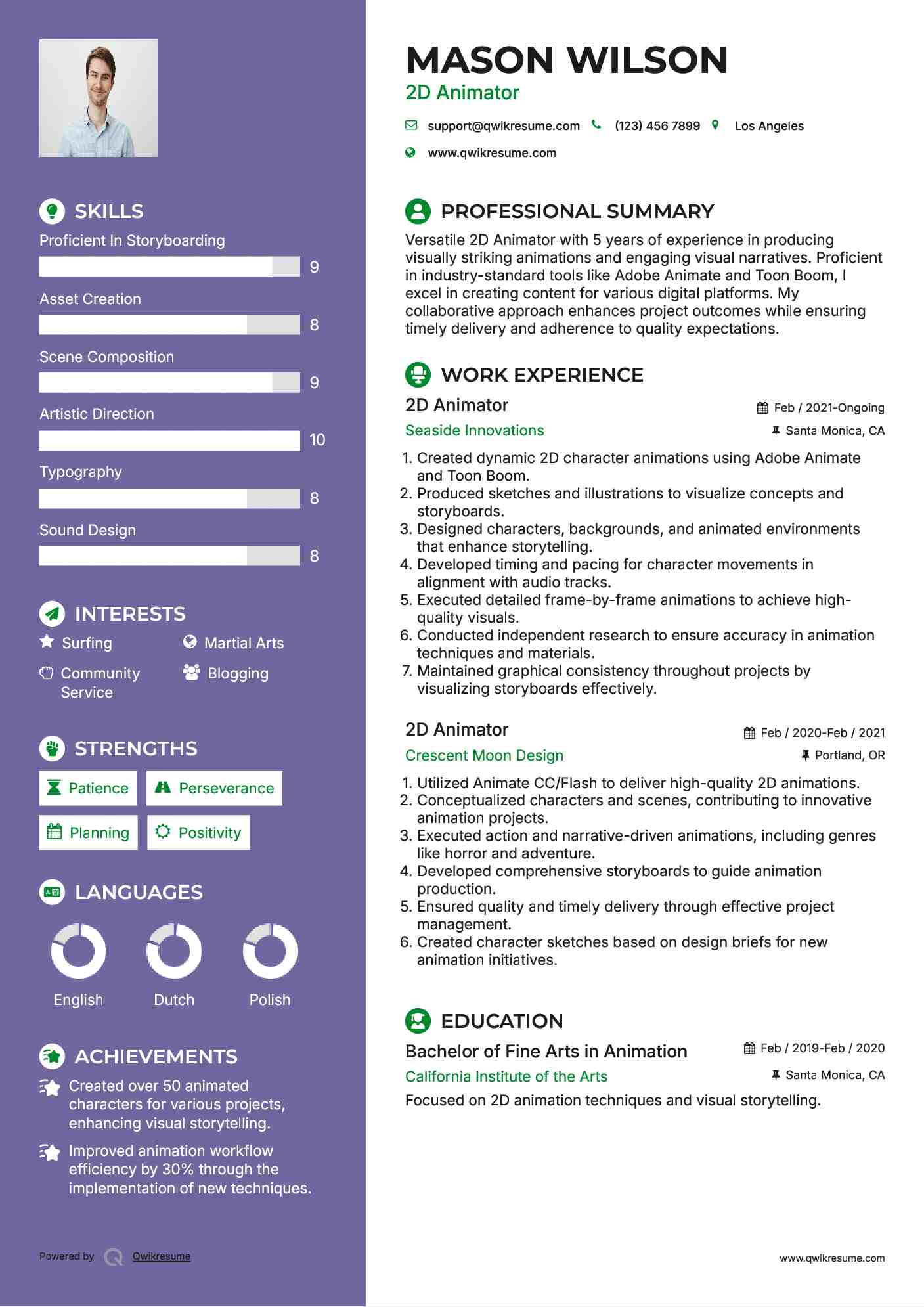 2D Animator Resume Example