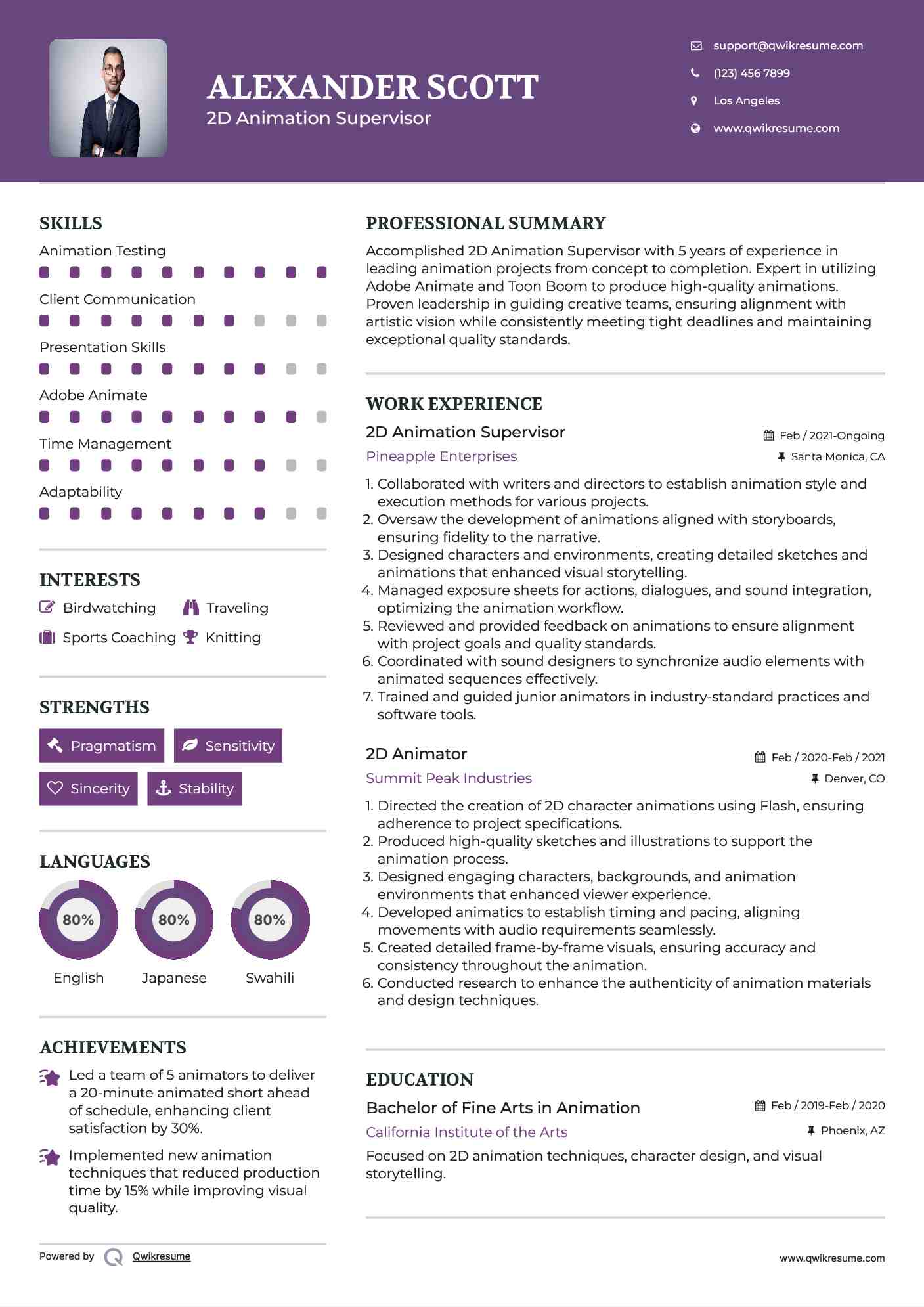 2D Animation Supervisor Resume Sample