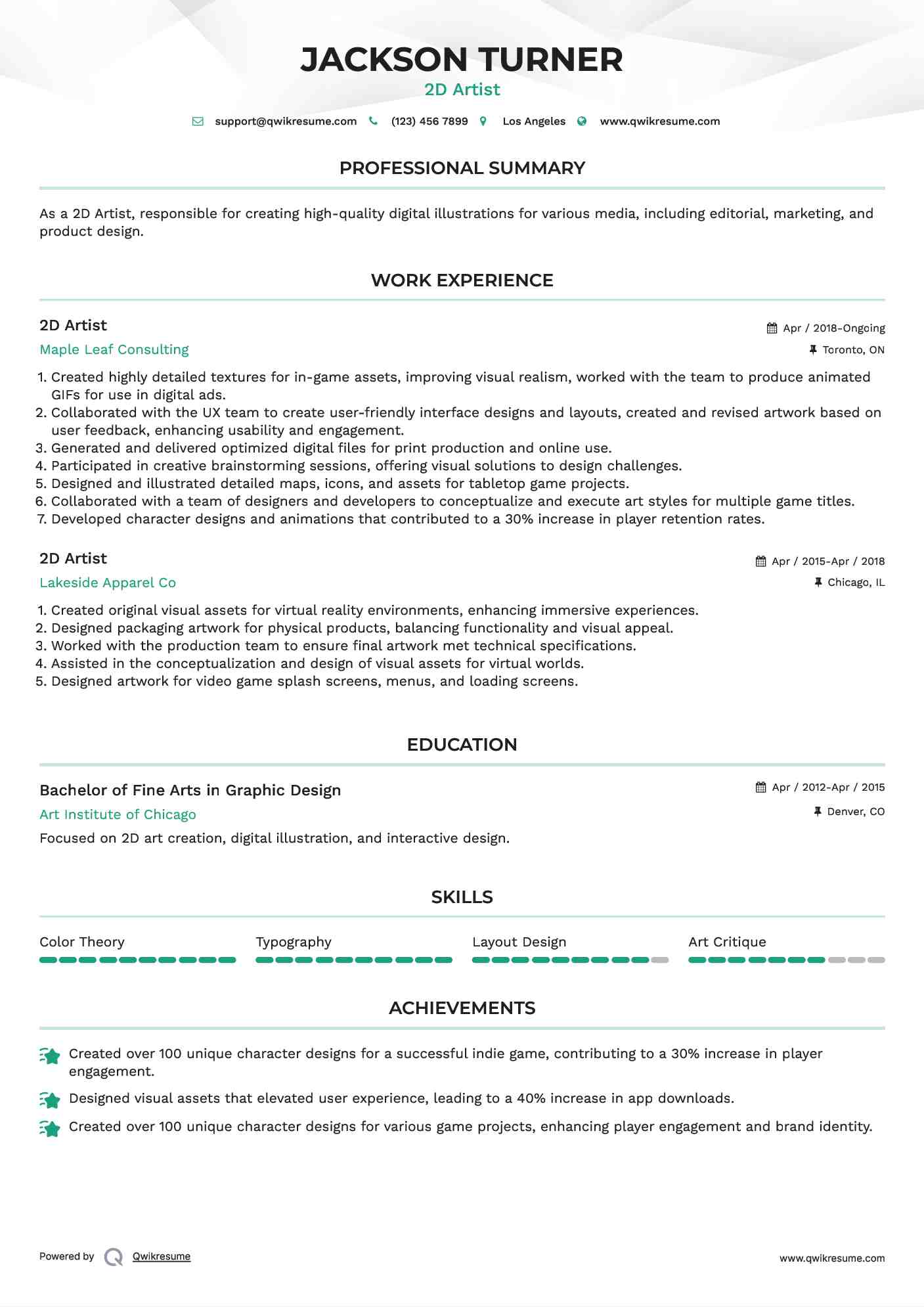 2D Artist Resume Format