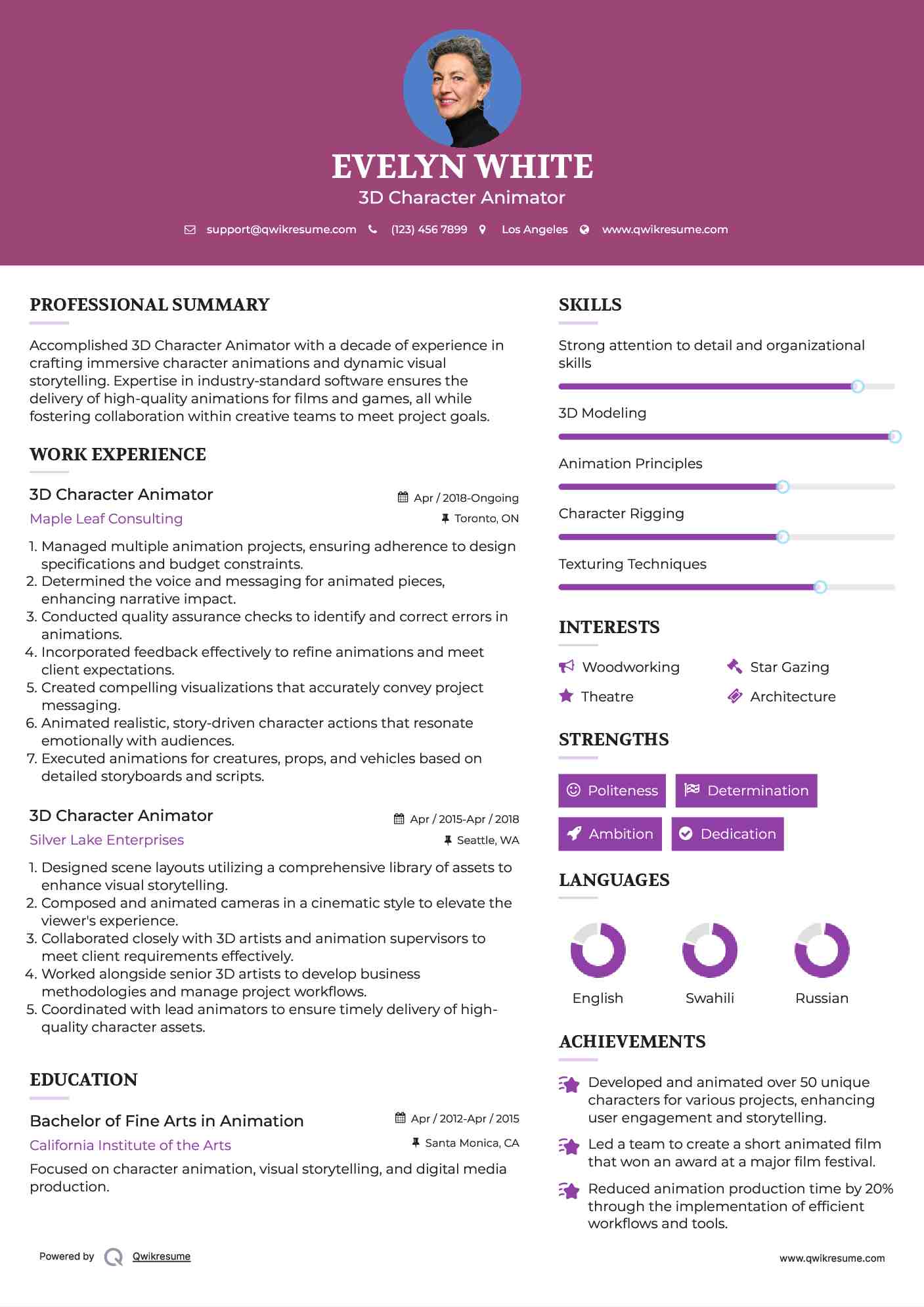 3D Character Animator Resume Sample