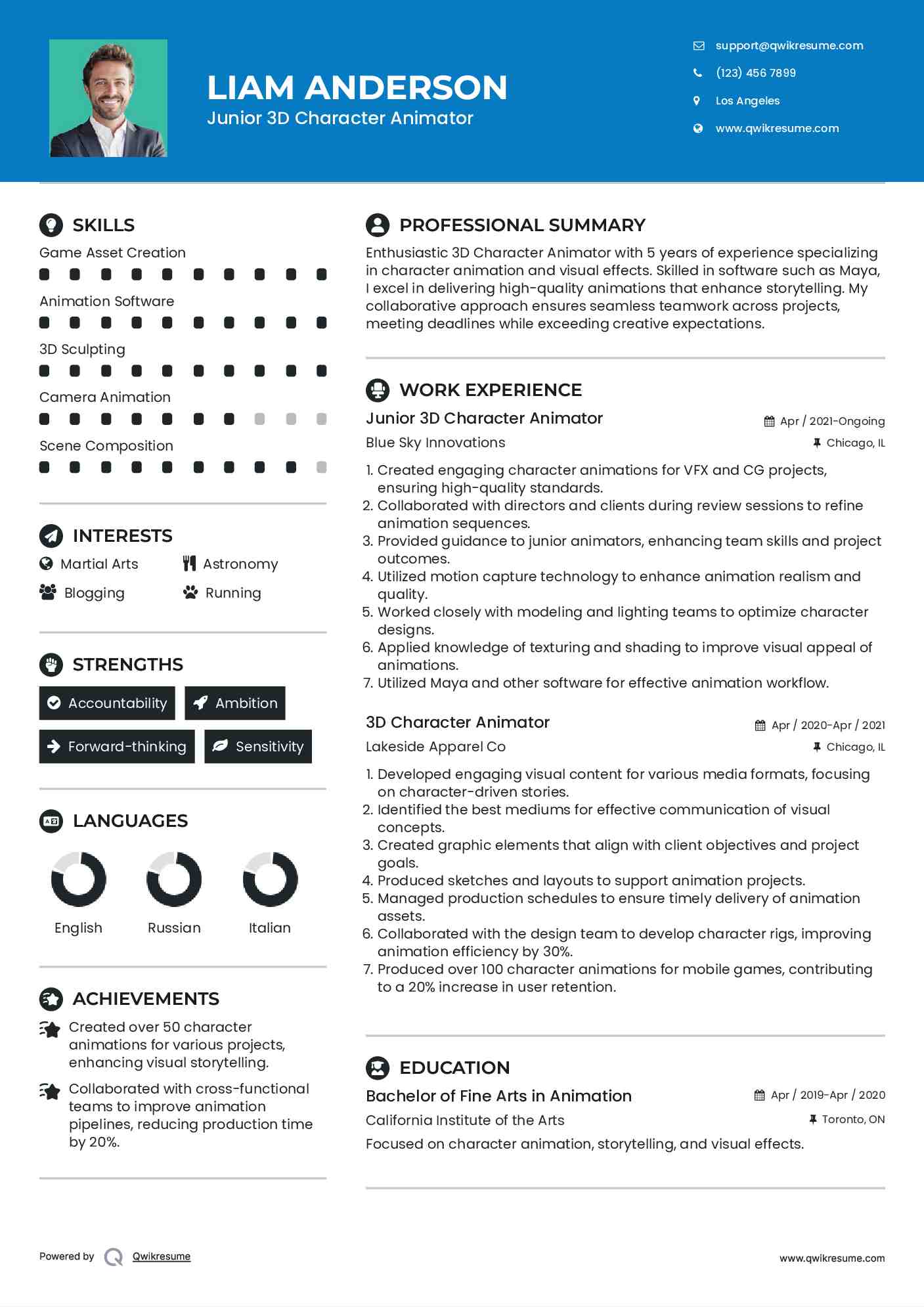 Junior 3D Character Animator Resume Template