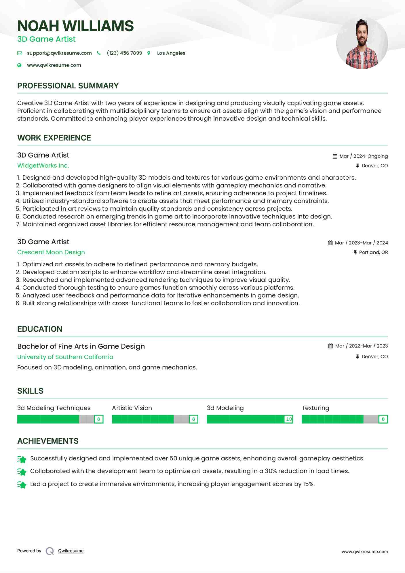 3D Game Artist Resume Sample