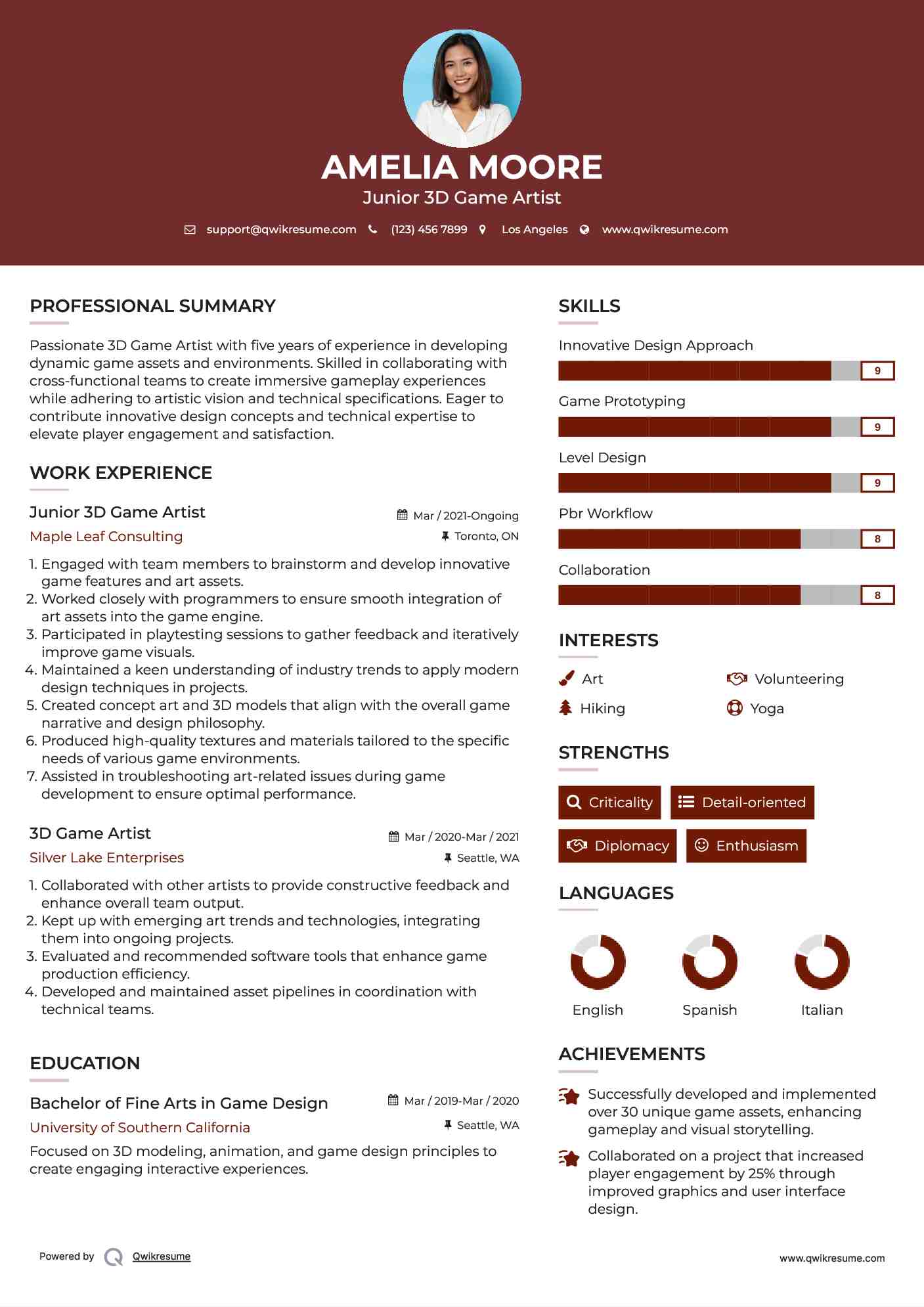 Junior 3D Game Artist Resume Sample