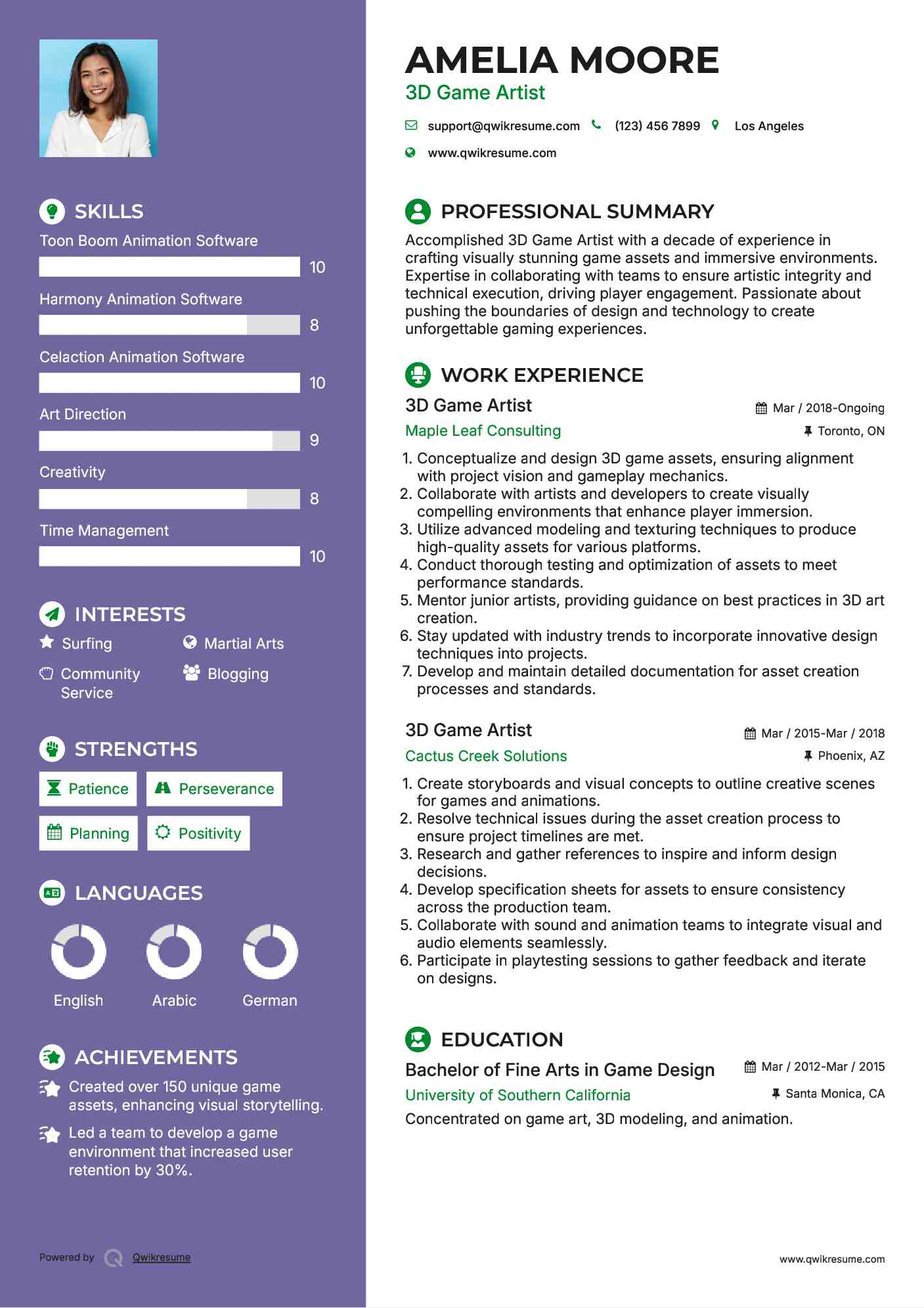 3D Game Artist Resume Example