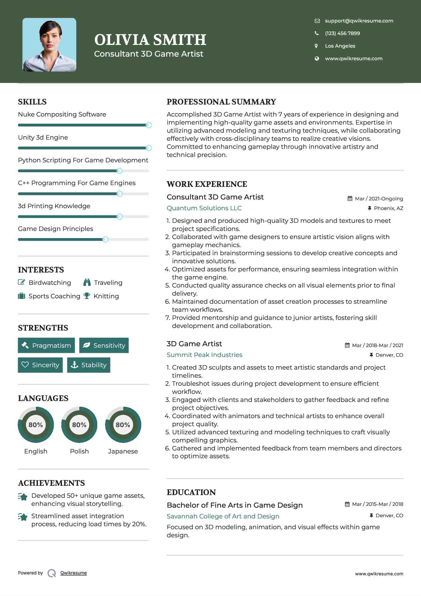 Consultant 3D Game Artist Resume Example