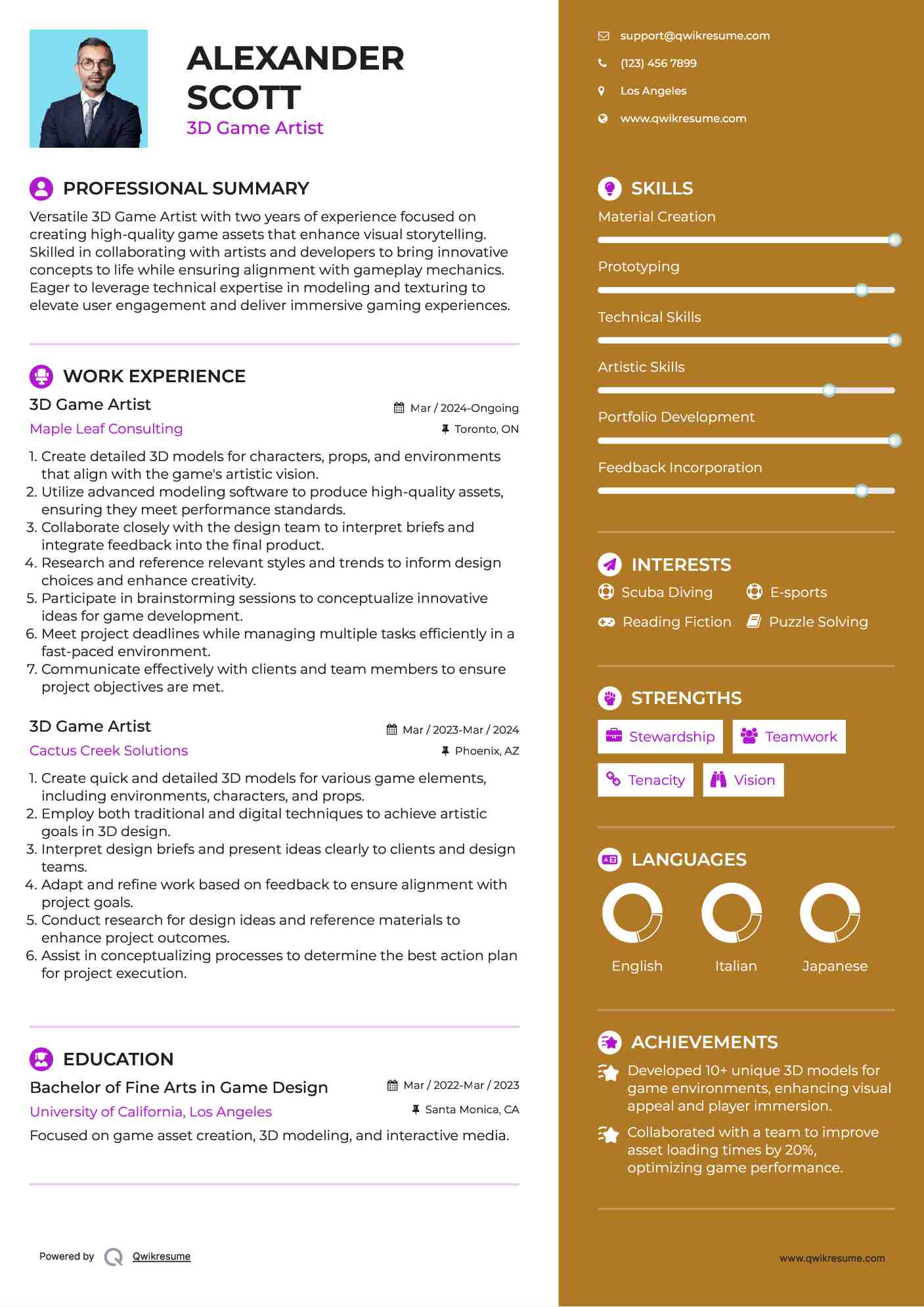 3D Game Artist Resume Sample