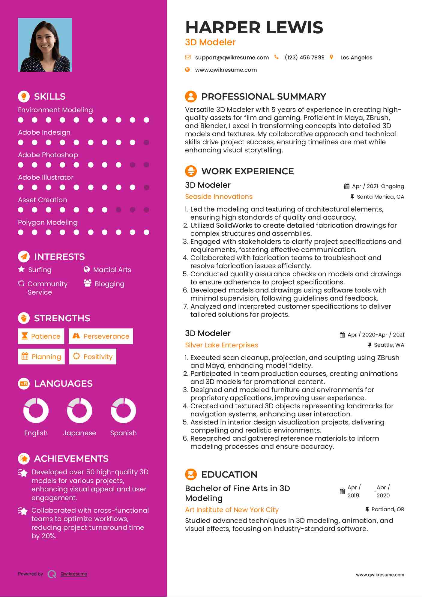 3D Modeler Resume Example