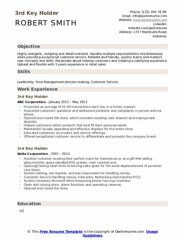 3rd Key Holder Resume Samples - 3rd Key Holder 1627392814 Pdf