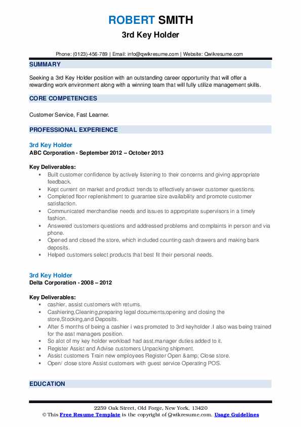 3rd Key Holder Resume Samples QwikResume