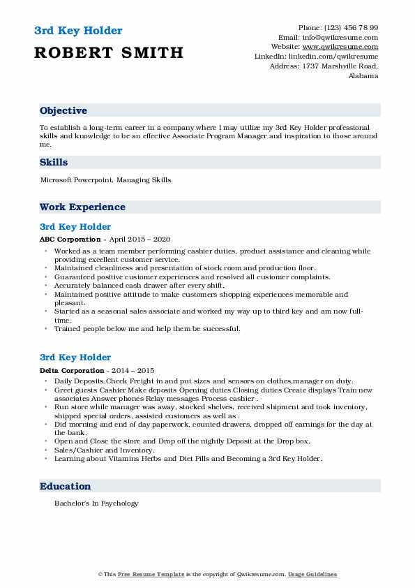 3rd Key Holder Resume Samples QwikResume
