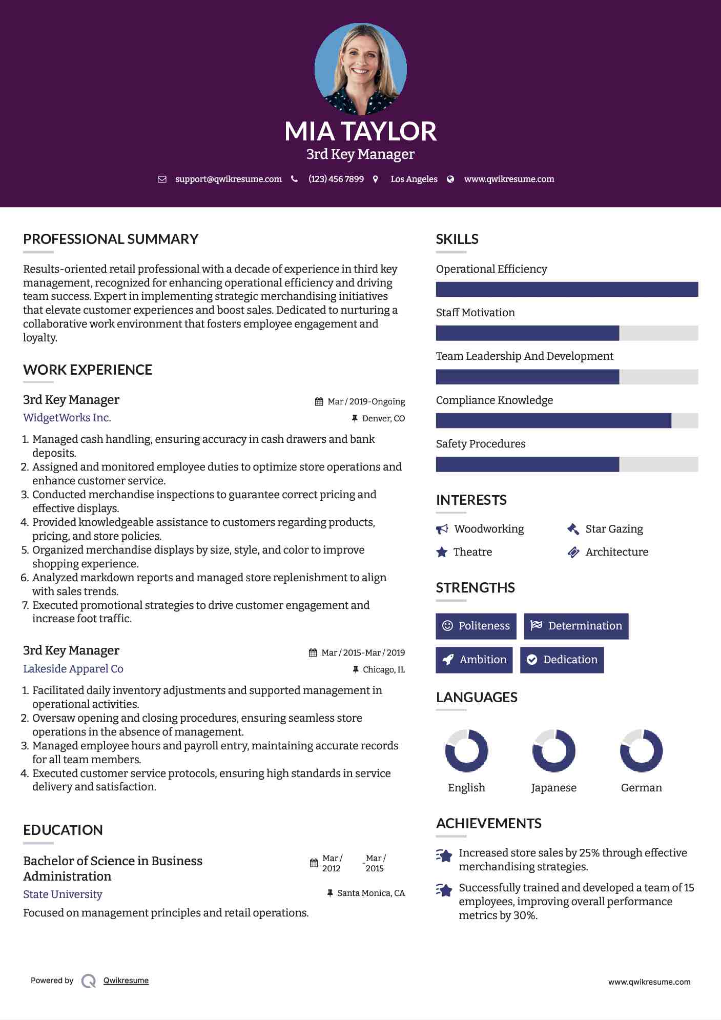 3rd Key Manager Resume Example
