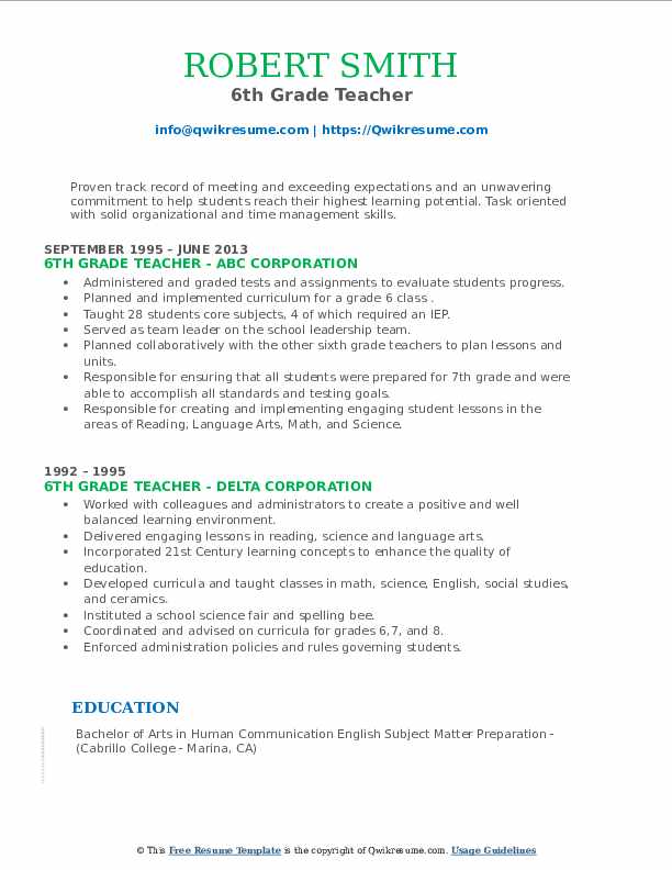 6th Grade Teacher Resume Samples | QwikResume