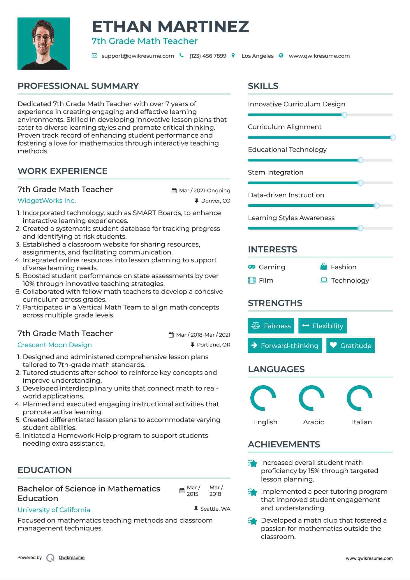 7th Grade Math Teacher Resume Sample