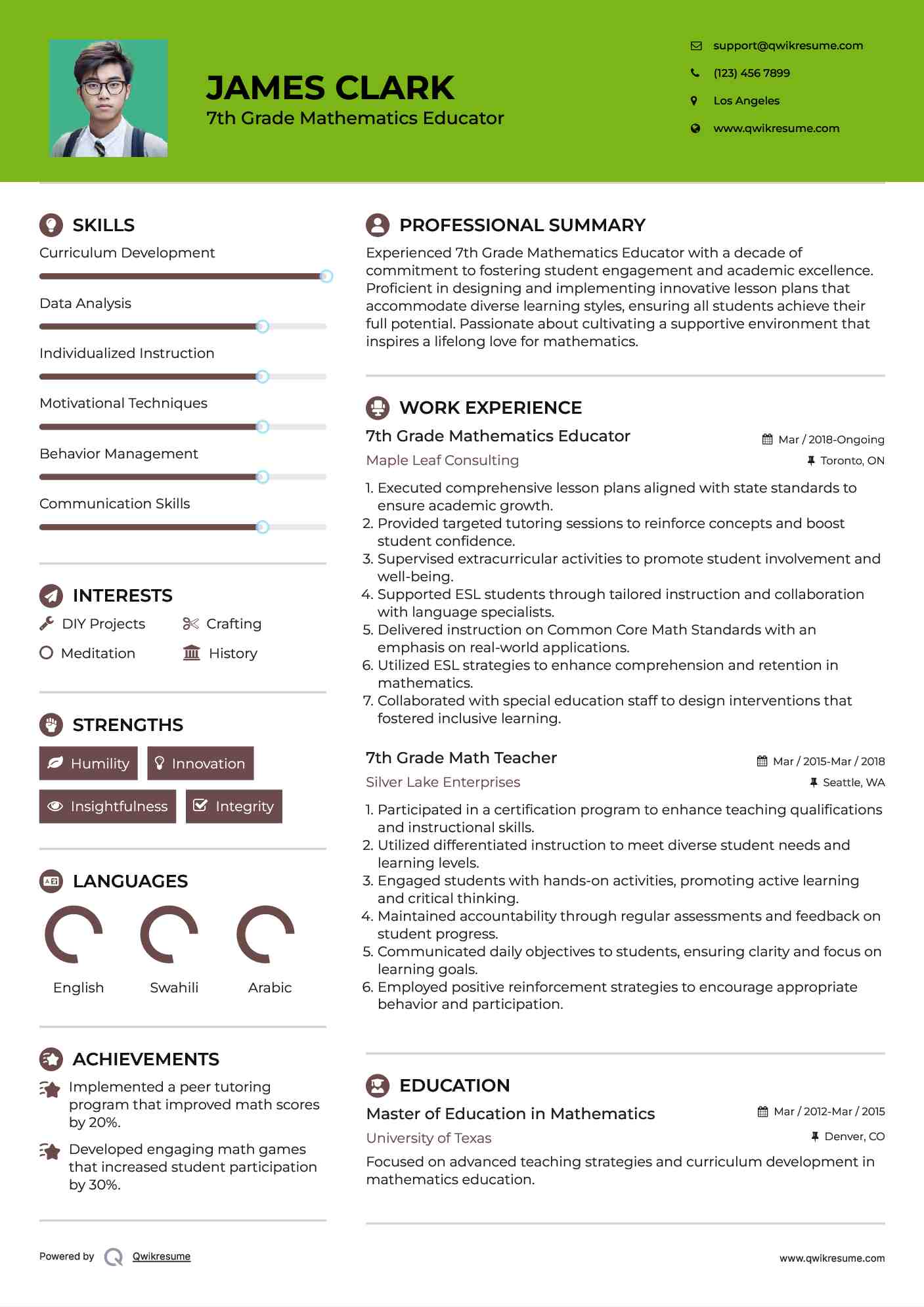 7th Grade Mathematics Educator Resume Format