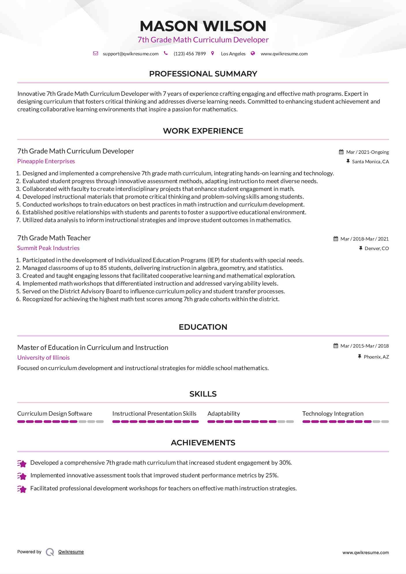 7th Grade Math Curriculum Developer Resume Example