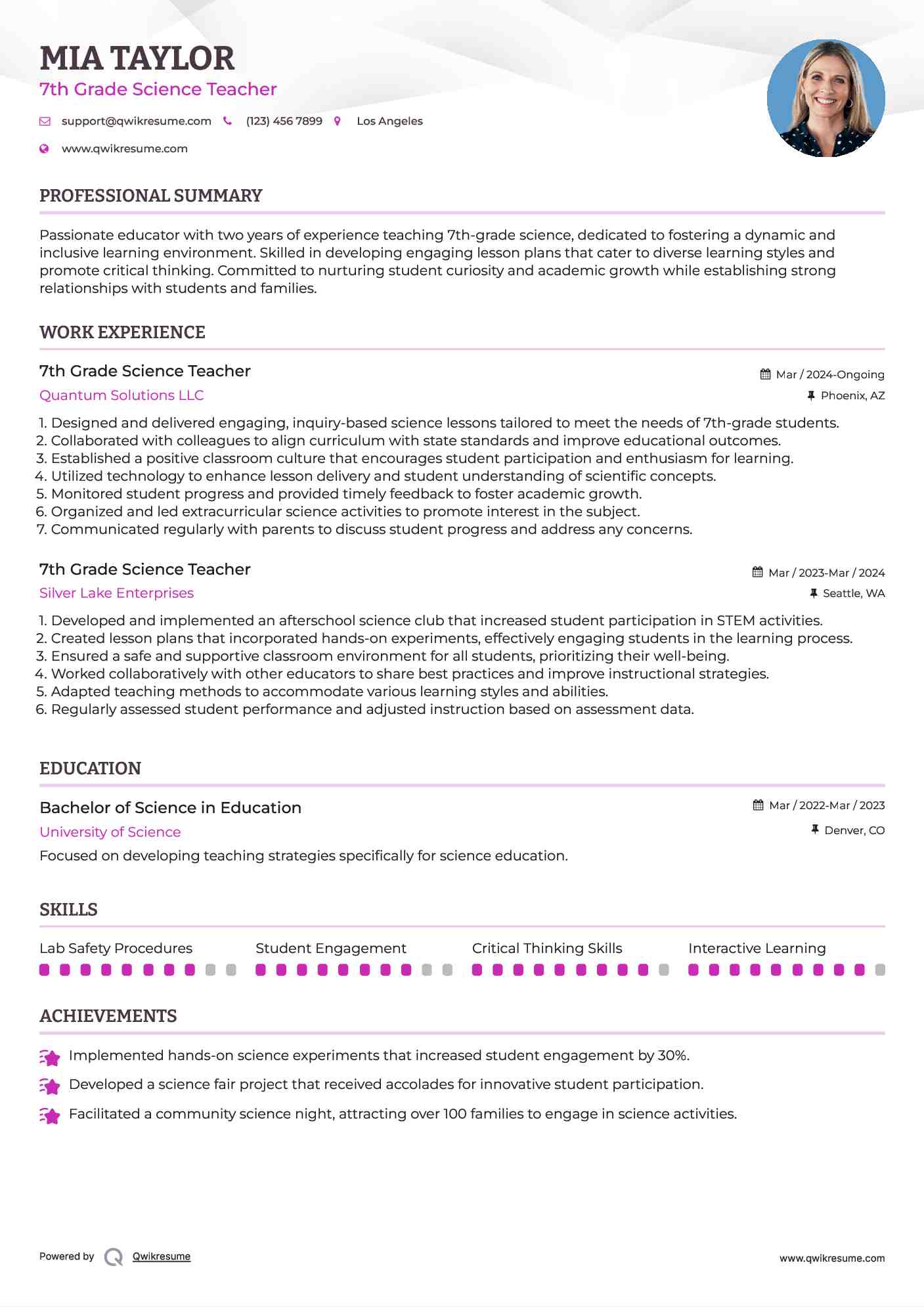7th Grade Science Teacher Resume Model