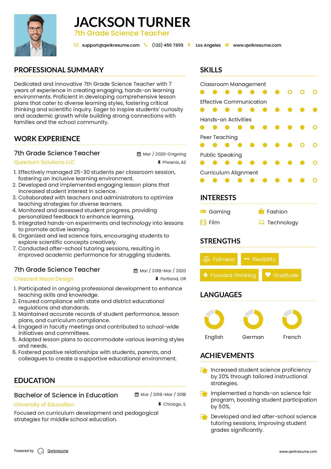 7th Grade Science Teacher Resume Example