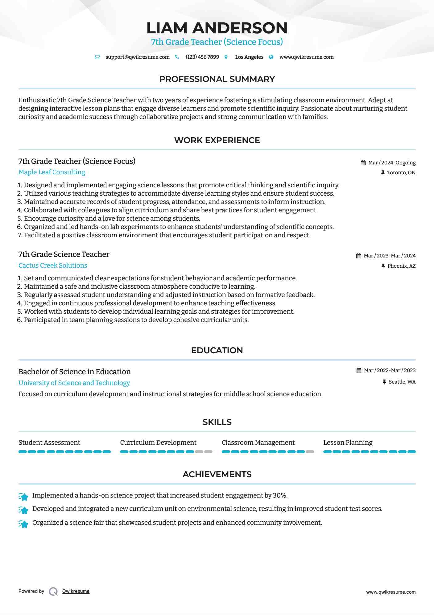 7th Grade Teacher (Science Focus) Resume Model