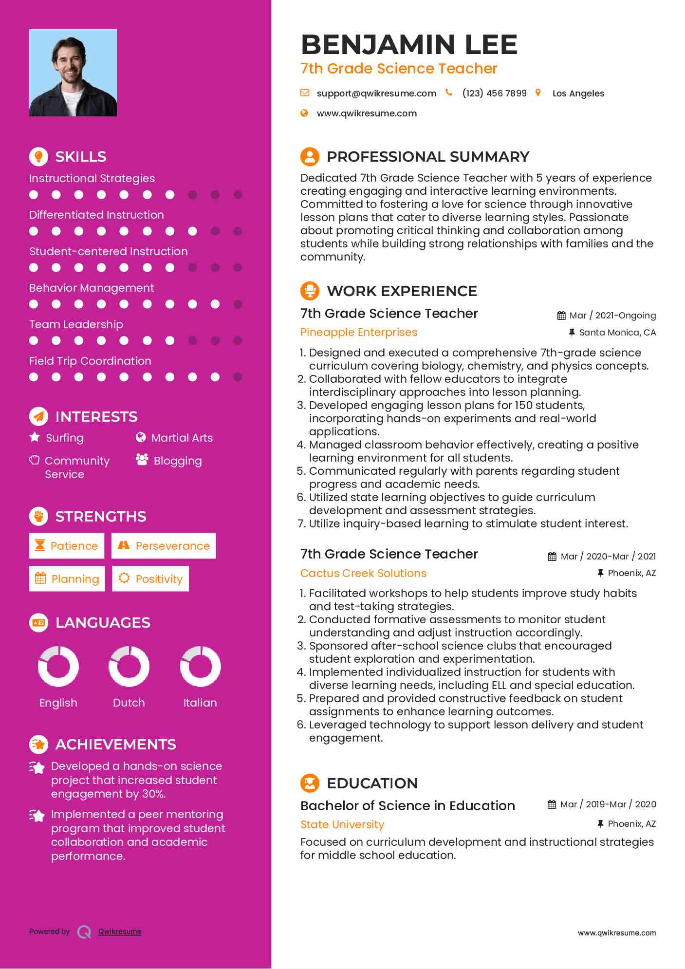 7th Grade Science Teacher Resume Model