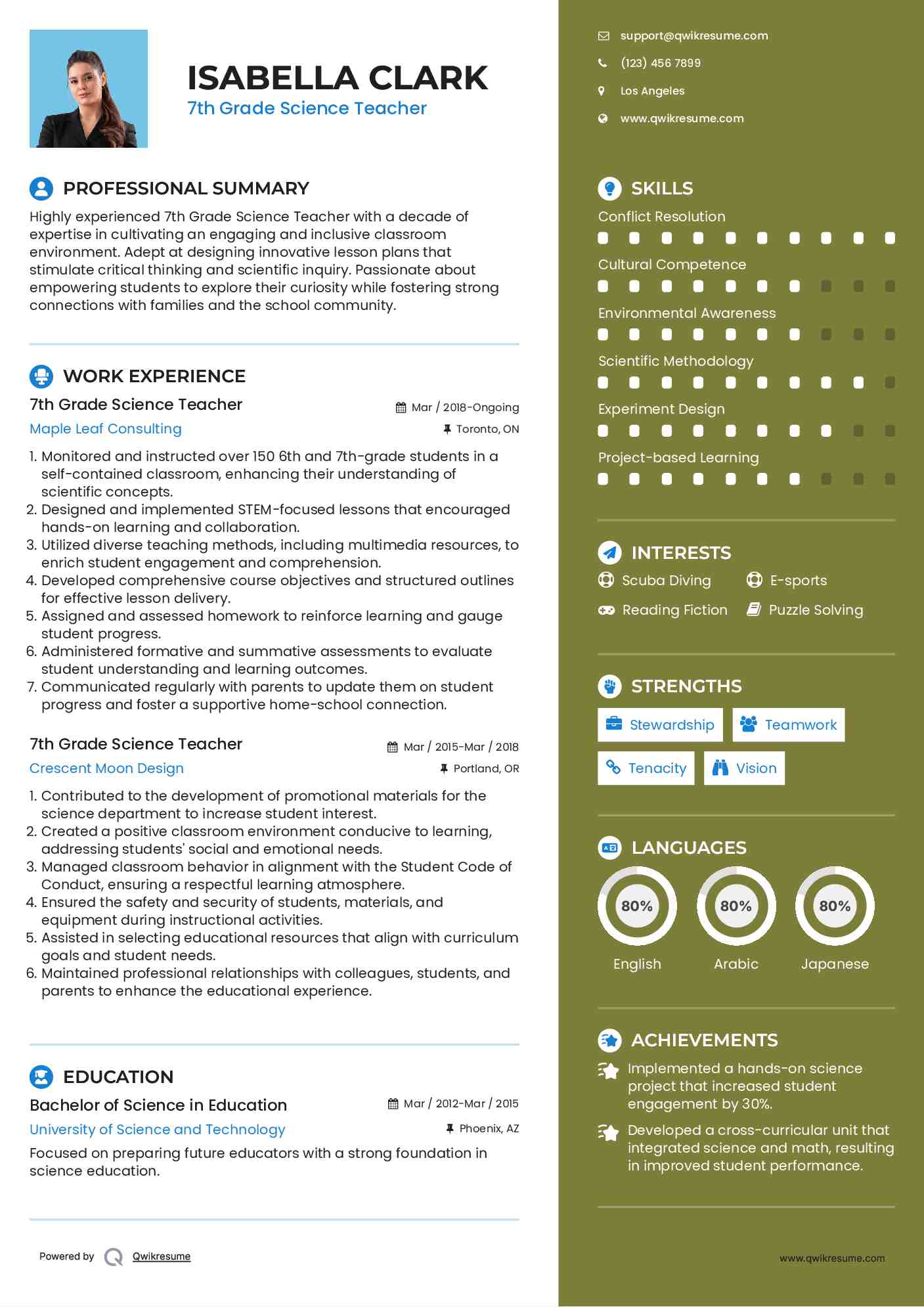 7th Grade Science Teacher Resume Format