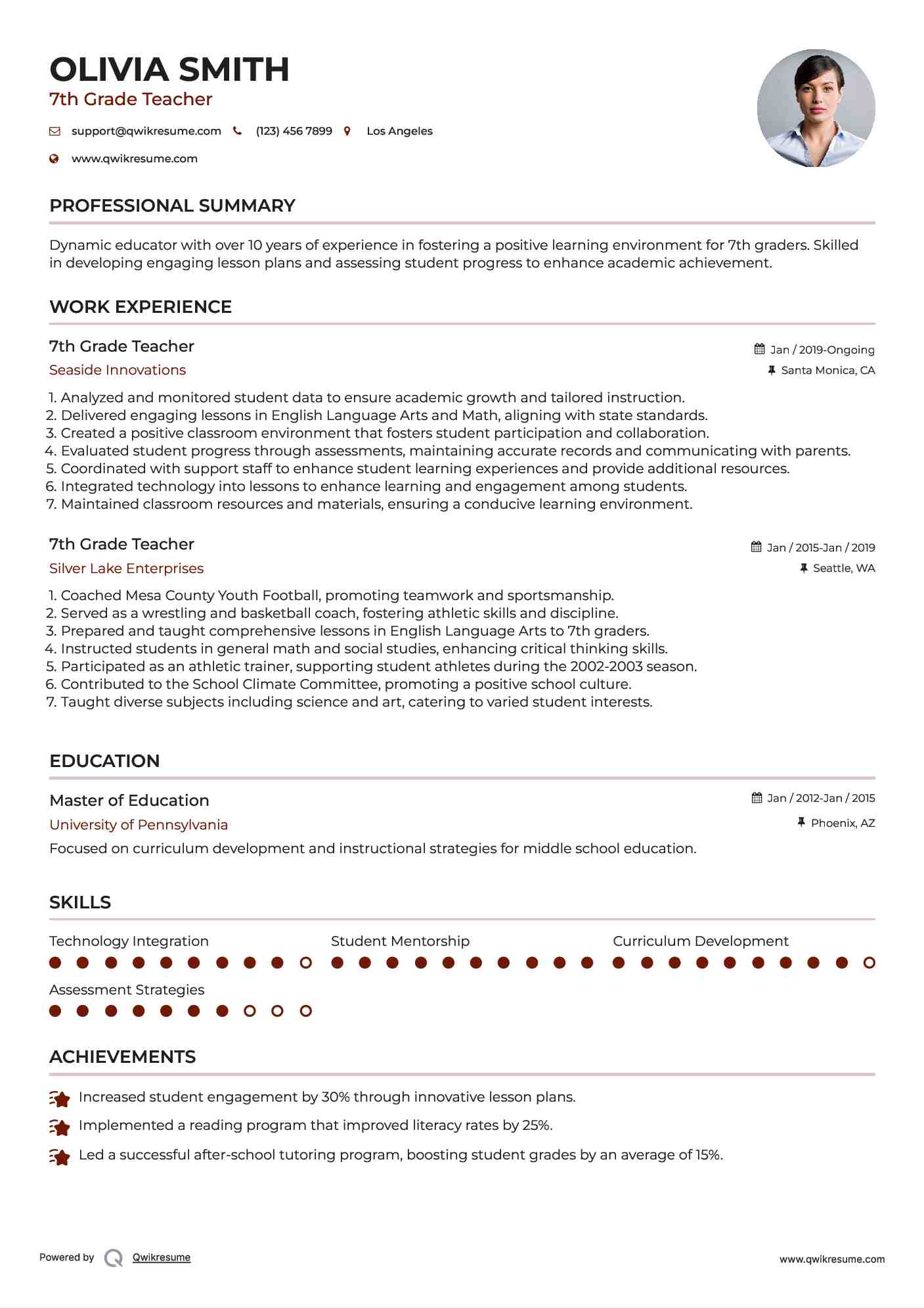 7th Grade Teacher Resume Model