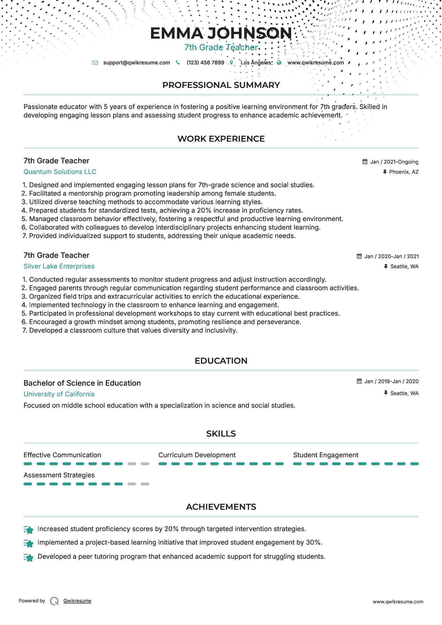7th Grade Teacher Resume Template