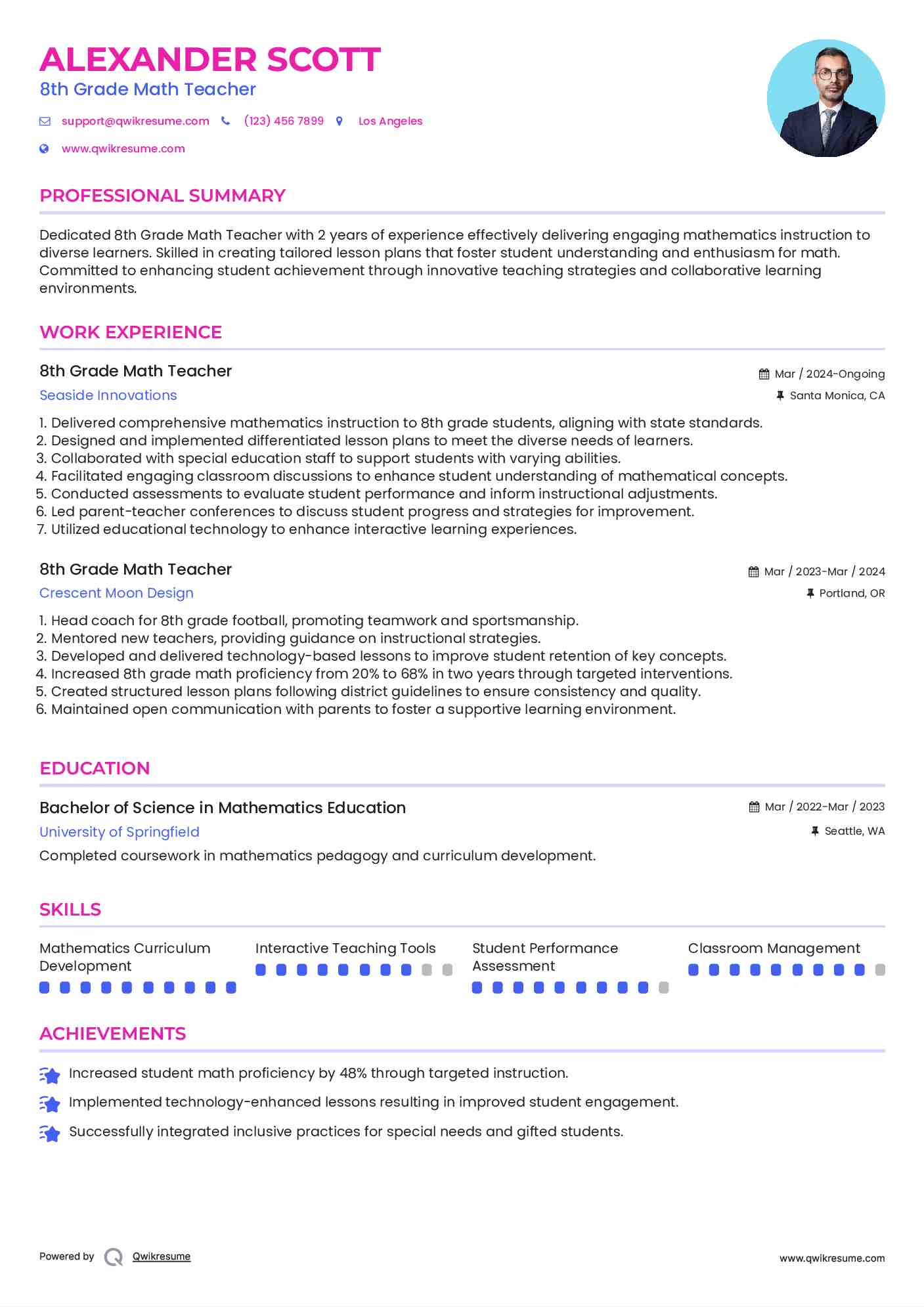 8th Grade Math Teacher Resume Example
