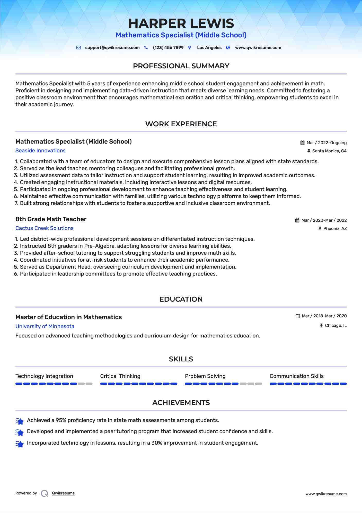Mathematics Specialist (Middle School) Resume Sample