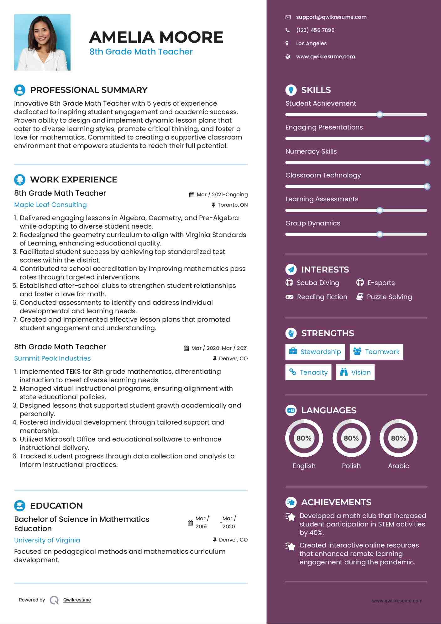 8th Grade Math Teacher Resume Sample